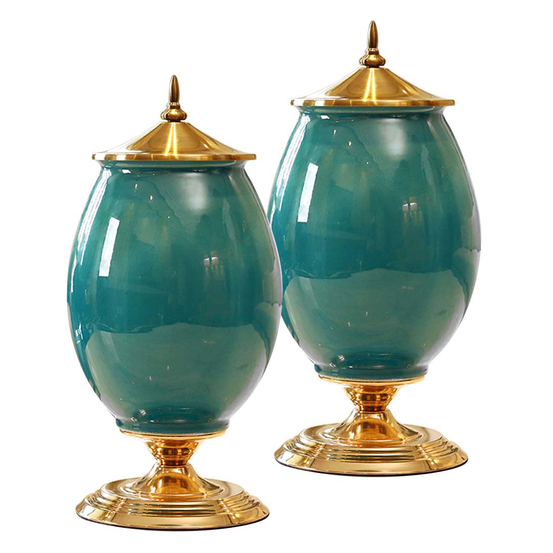 Soga 2 X 40cm Ceramic Oval Flower Vase With Gold Metal Base Green