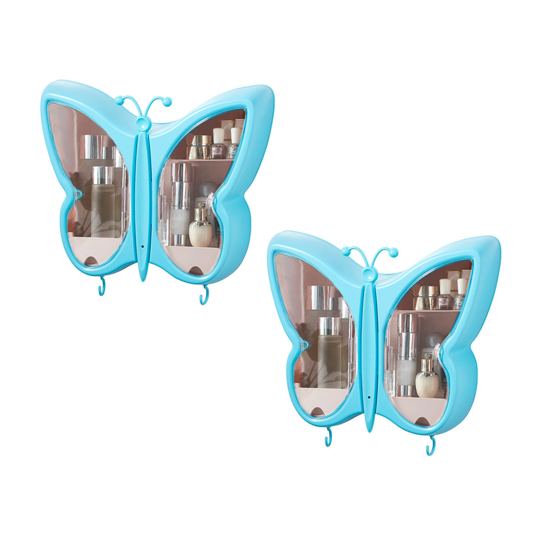 2X Blue Butterfly Shape Wall-Mounted Makeup Organiser Dustproof Waterproof Bathroom Storage Box Home Decor