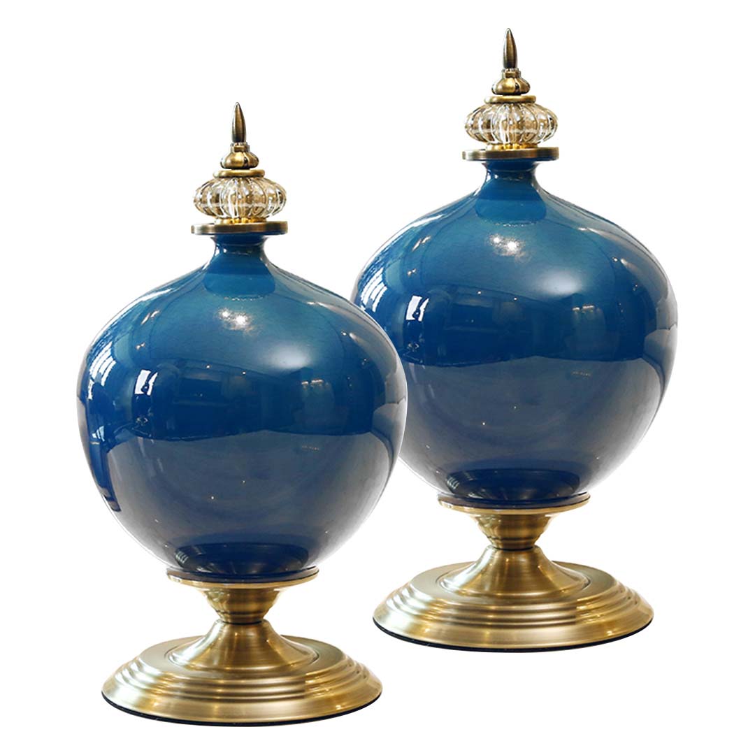 Soga 2 X 38cm Ceramic Oval Flower Vase With Gold Metal Base Dark Blue