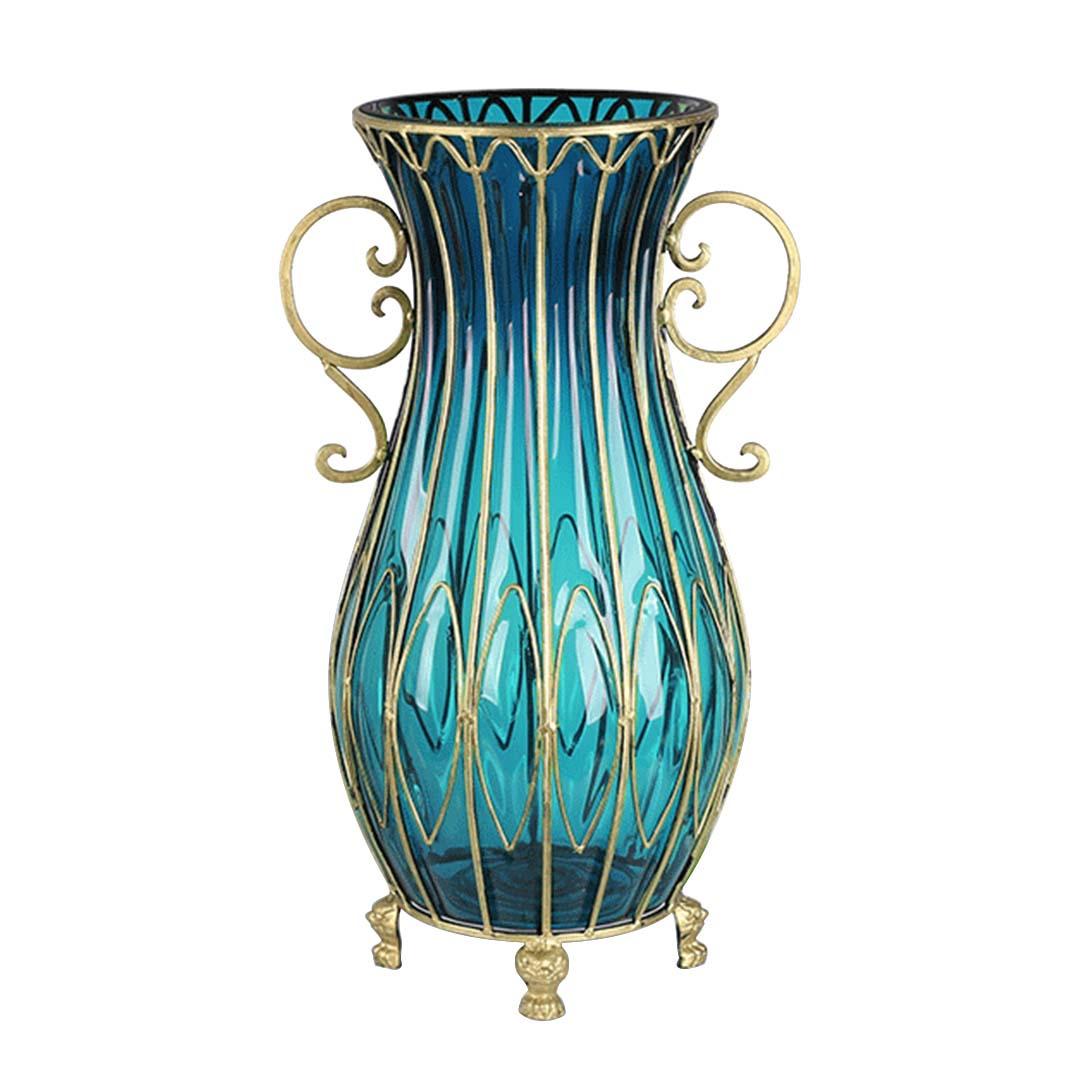 Soga 51cm Blue Glass Oval Floor Vase With Metal Flower Stand