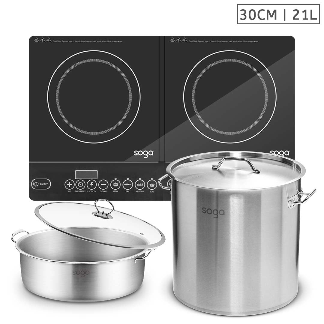 Soga Dual Burners Cooktop Stove, 21 L Stainless Steel Stockpot 30cm And 30cm Induction Casserole
