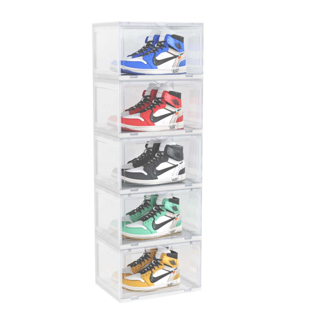 5 Tier Transparent Portable Shoe Organiser Sneaker Footwear Folding Plastic Bin Stackable Storage Box with Magnetic Door