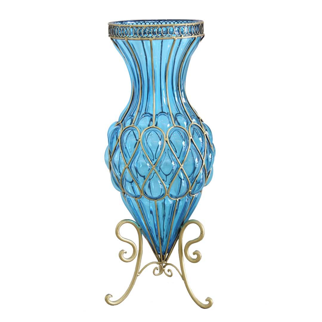 Soga 67cm Blue Glass Tall Floor Vase With Metal Flower Stand