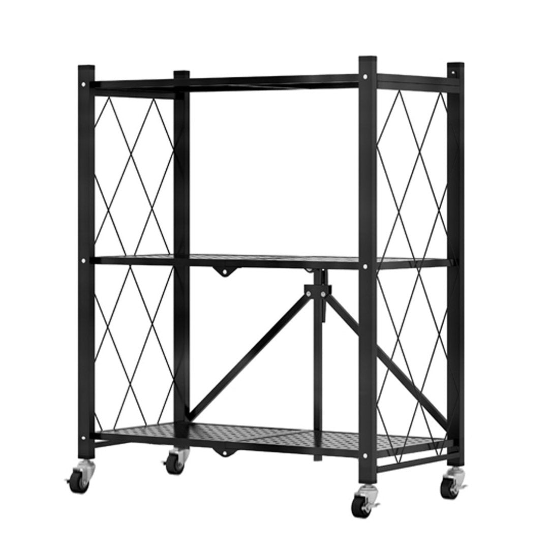 Soga 3 Tier Steel Black Foldable Kitchen Cart Multi Functional Shelves Portable Storage Organizer With Wheels