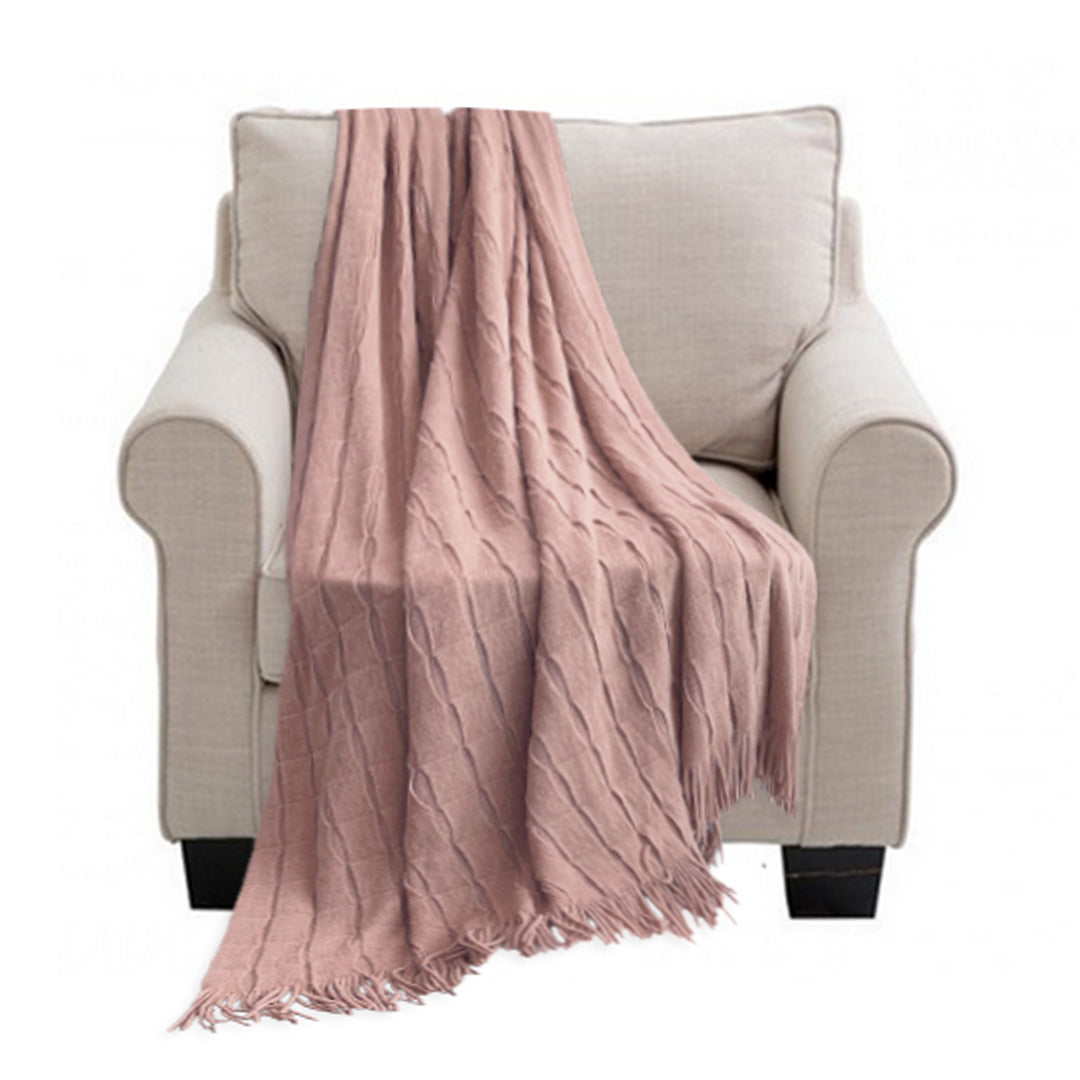 Pink Textured Knitted Throw Blanket Warm Cozy Woven Cover Couch Bed Sofa Home Decor with Tassels