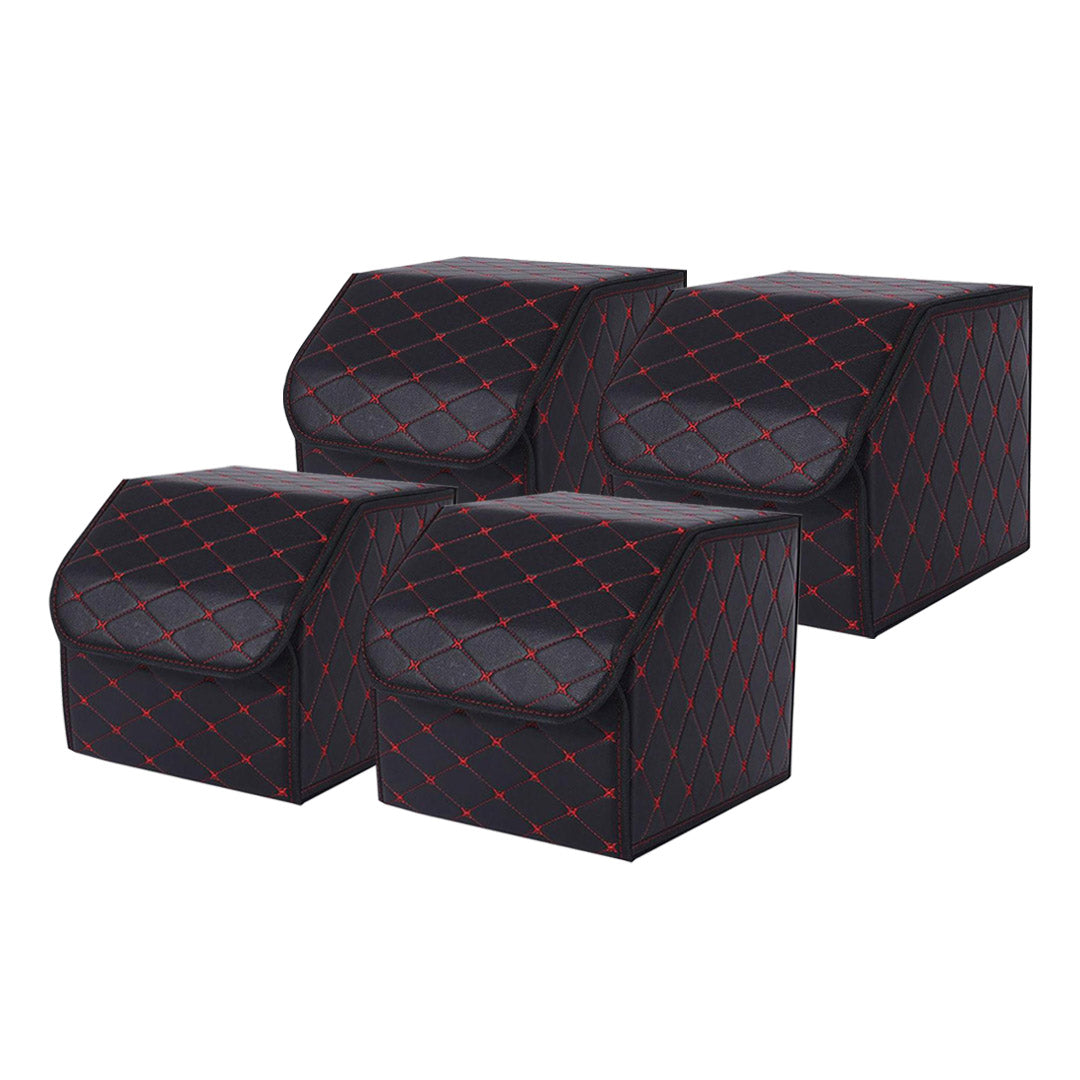 Soga 4 X Leather Car Boot Collapsible Foldable Trunk Cargo Organizer Portable Storage Box Black/Red Stitch Small