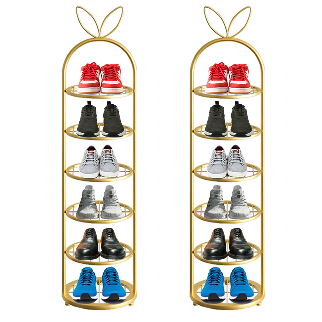 2X 6 Tier Bunny Ears Shape Gold Plated Metal Shoe Organizer Space Saving Portable Footwear Storage Shelf