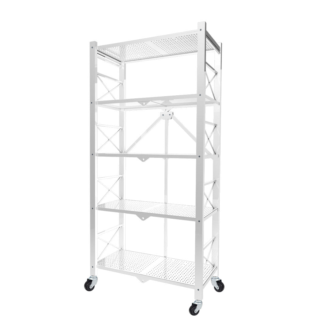 Soga 5 Tier Steel White Foldable Display Stand Multi Functional Shelves Portable Storage Organizer With Wheels