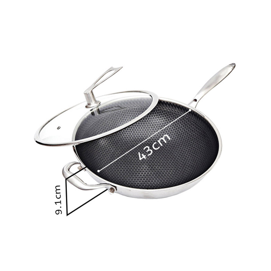 Soga 34cm Stainless Steel Tri Ply Frying Cooking Fry Pan Textured Non Stick Skillet With Glass Lid And Helper Handle
