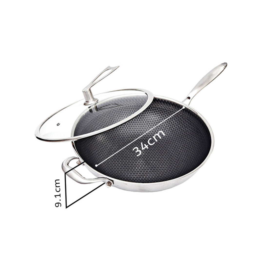 Soga 2 X 34cm Stainless Steel Tri Ply Frying Cooking Fry Pan Textured Non Stick Skillet With Glass Lid And Helper Handle