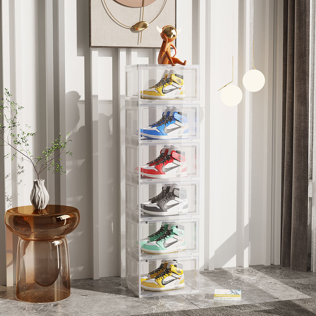 2X 6 Tier Transparent Portable Shoe Organiser Sneaker Footwear Folding Plastic Bin Stackable Storage Box with Magnetic Door