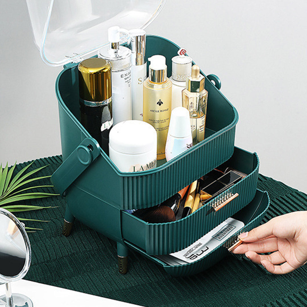 Green Cosmetic Jewelry Storage Organiser with Antler LED Light Mirror Tabletop Vanity Set