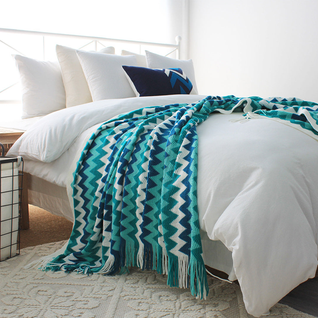 2X 220cm Blue Zigzag Striped Throw Blanket Acrylic Wave Knitted Fringed Woven Cover Couch Bed Sofa Home Decor