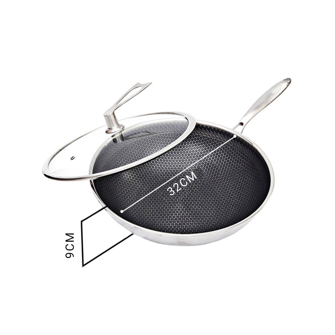 Soga 2 X 32cm Stainless Steel Tri Ply Frying Cooking Fry Pan Textured Non Stick Interior Skillet With Glass Lid