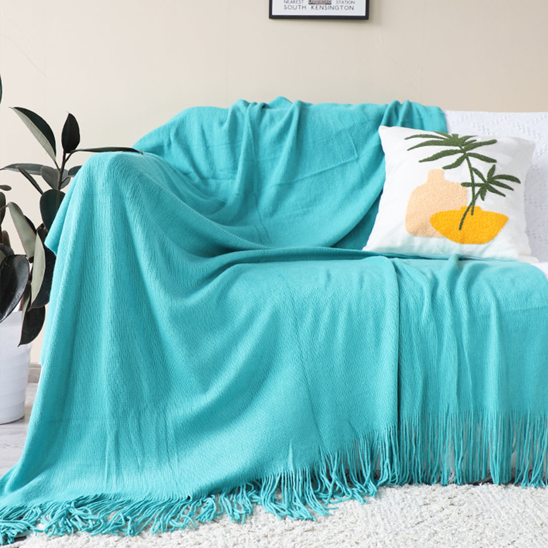 2X Teal Acrylic Knitted Throw Blanket Solid Fringed Warm Cozy Woven Cover Couch Bed Sofa Home Decor