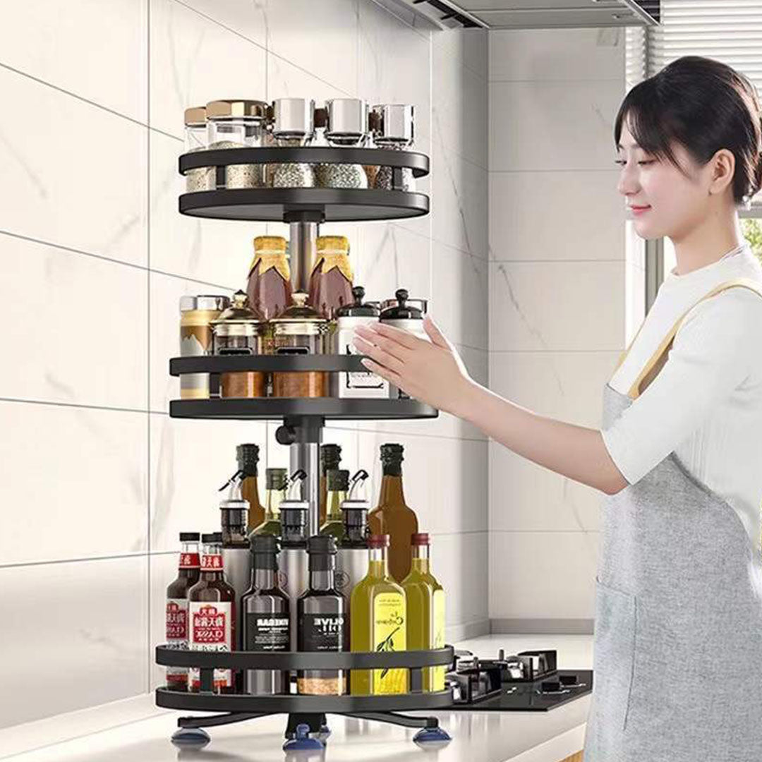 2X 3 Tier Steel Black Round Rotating Multi-Function Kitchen Portable Storage Spice Seasoning Kitchen Countertop Organiser Shelf