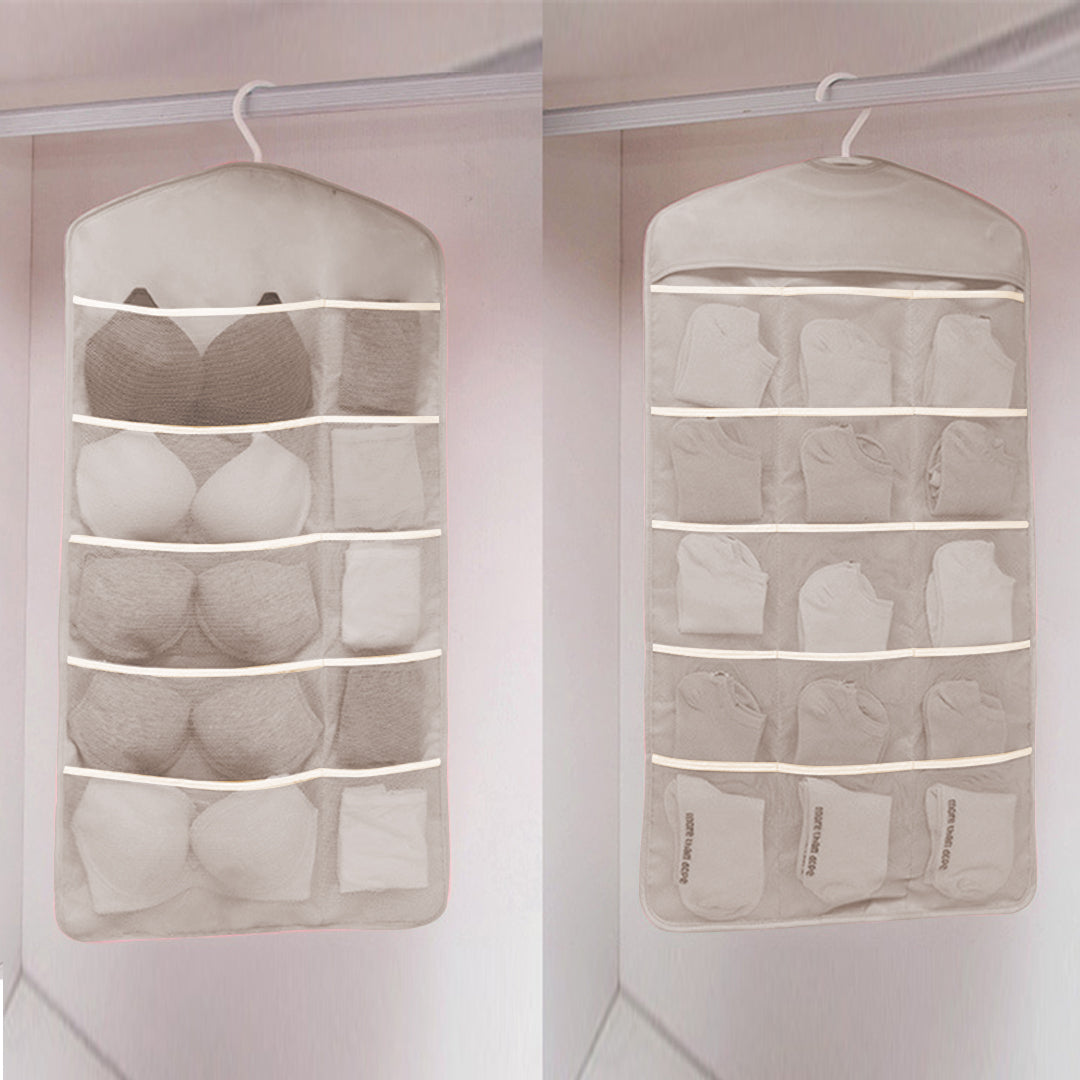 2X Grey Double Sided Hanging Storage Bag Underwear Bra Socks Mesh Pocket Hanger Home Organiser