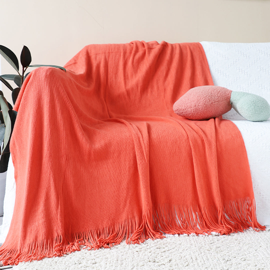 Orange Acrylic Knitted Throw Blanket Solid Fringed Warm Cozy Woven Cover Couch Bed Sofa Home Decor