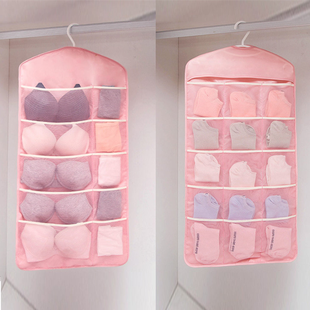 Pink Double Sided Hanging Storage Bag Underwear Bra Socks Mesh Pocket Hanger Home Organiser