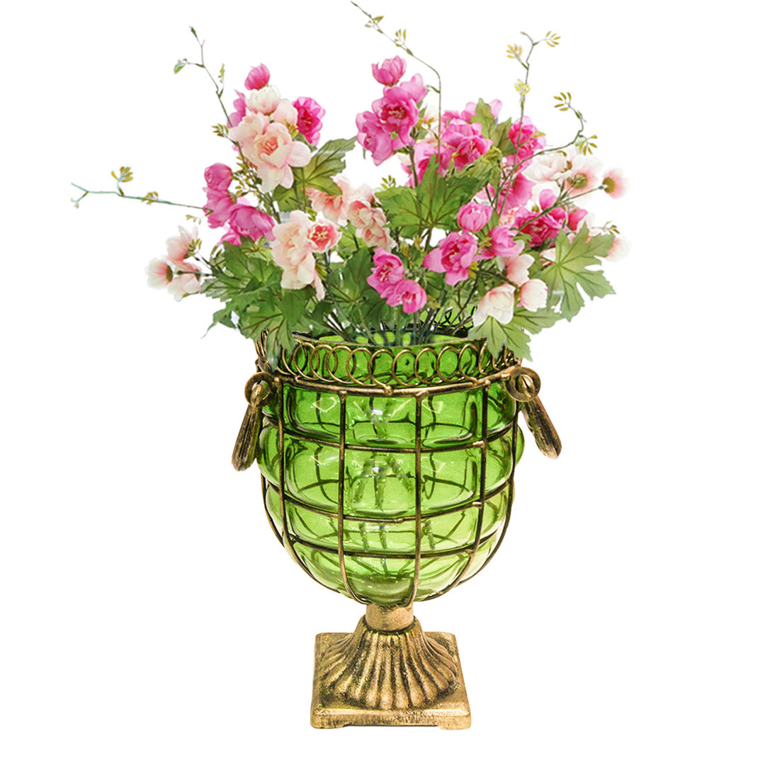 Soga Green Colored European Glass Jar Flower Vase Solid Base With Metal Handle