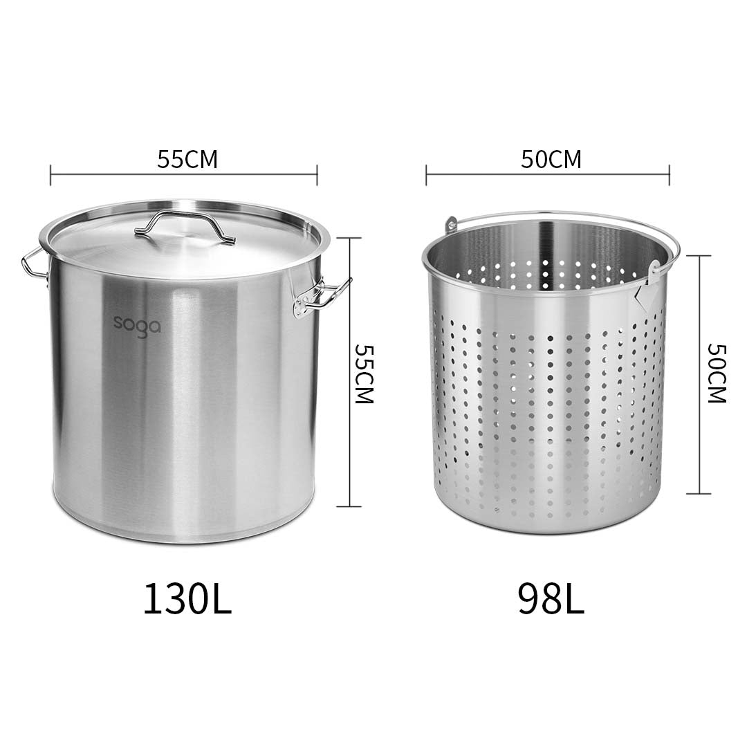 130L 18/10 Stainless Steel Stockpot with Perforated Stock pot Basket Pasta Strainer