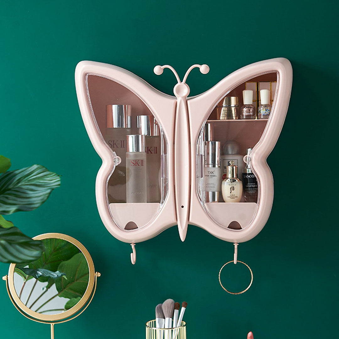 2X Pink Butterfly Shape Wall-Mounted Makeup Organiser Dustproof Waterproof Bathroom Storage Box Home Decor