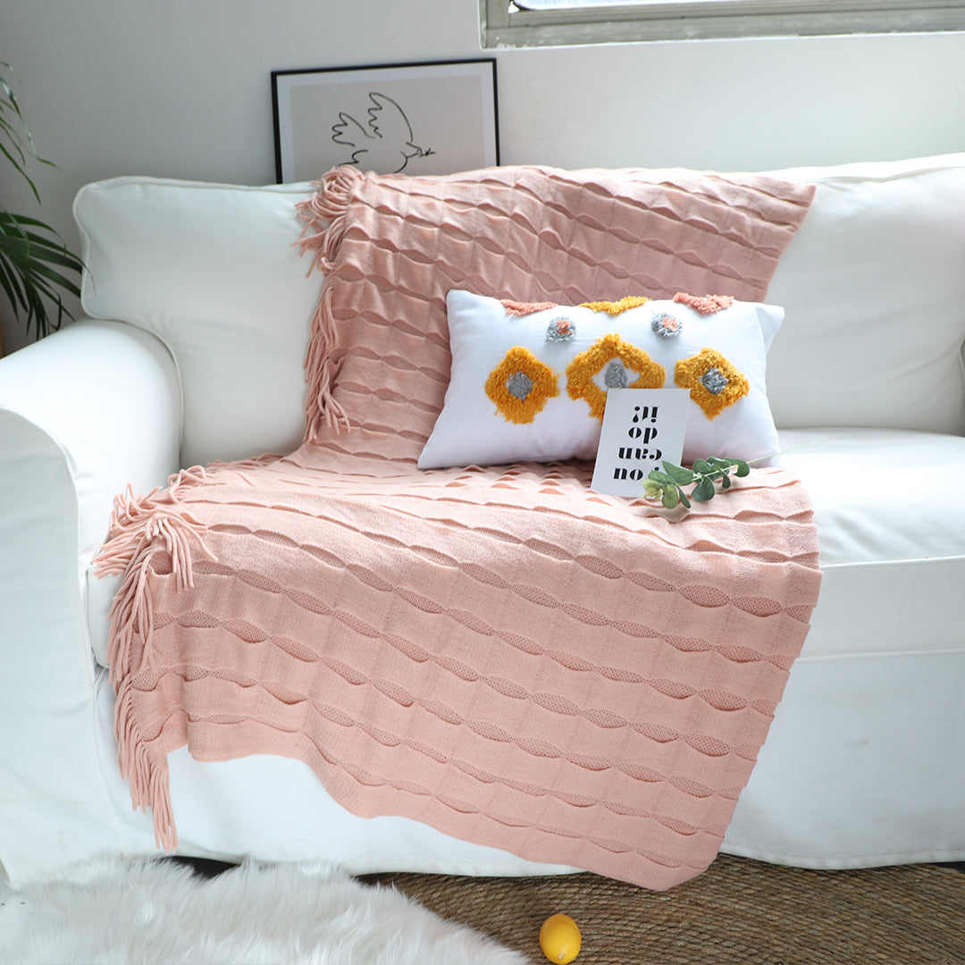 Pink Textured Knitted Throw Blanket Warm Cozy Woven Cover Couch Bed Sofa Home Decor with Tassels