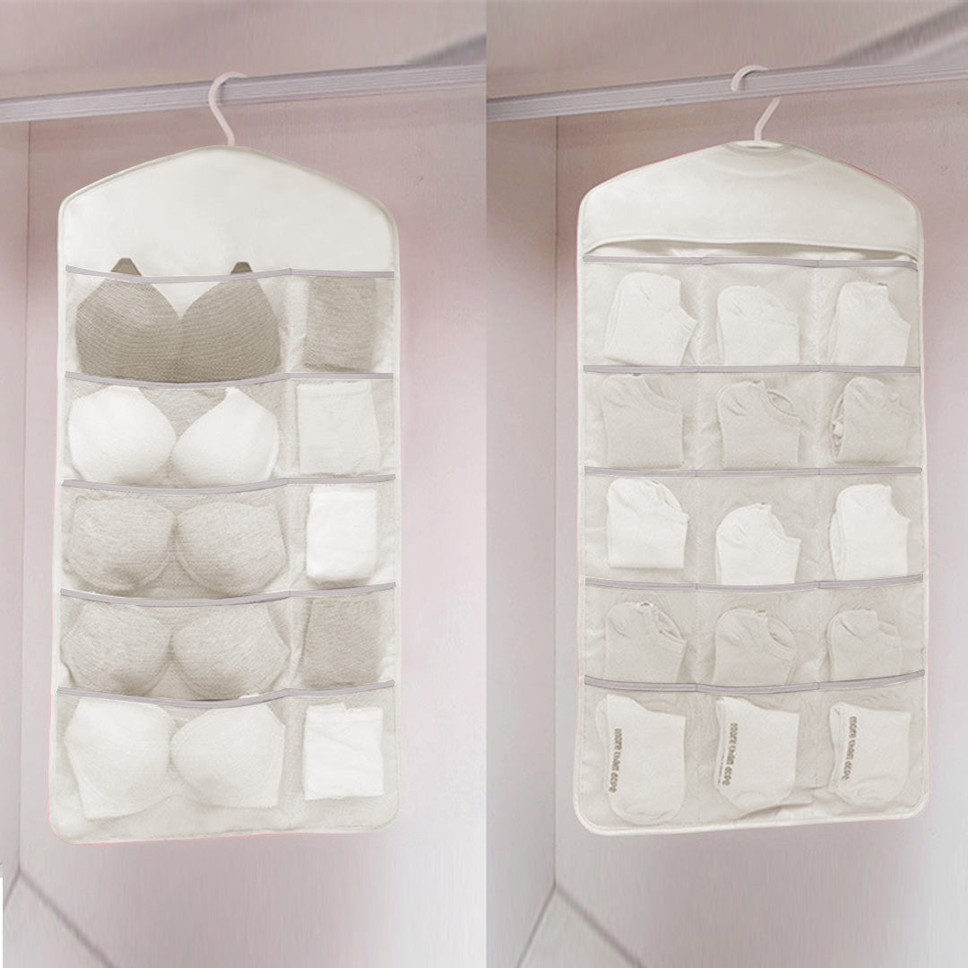 2X White Double Sided Hanging Storage Bag Underwear Bra Socks Mesh Pocket Hanger Home Organiser