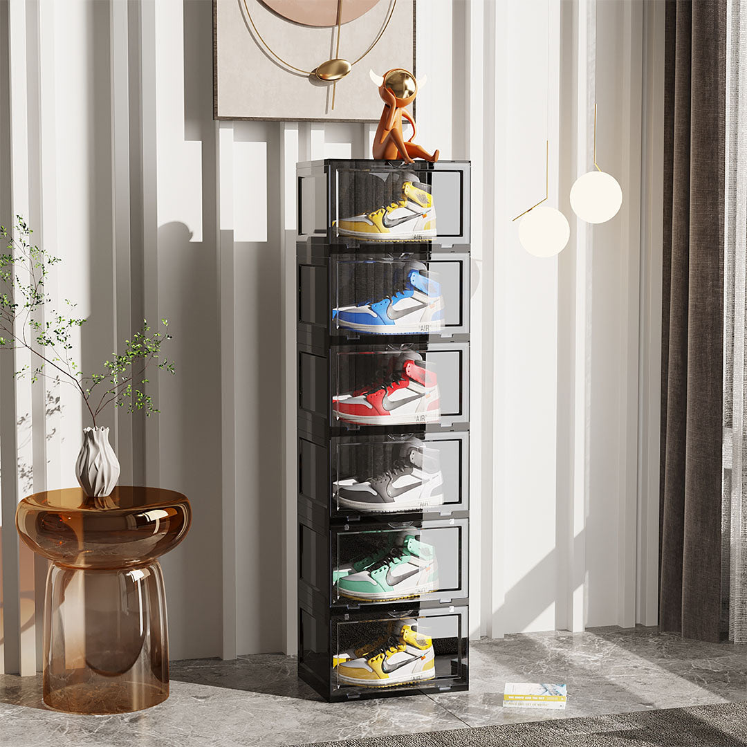 2X 6 Tier Black Portable Shoe Organiser Sneaker Footwear Folding Plastic Bin Stackable Storage Box with Magnetic Door