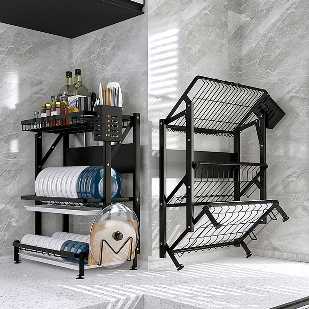 2X 3 Tier Steel Black Kitchen Countertop Drying Rack Dish Plate Cutlery Cutting Board Holder Dish Drainer Kitchen Organiser