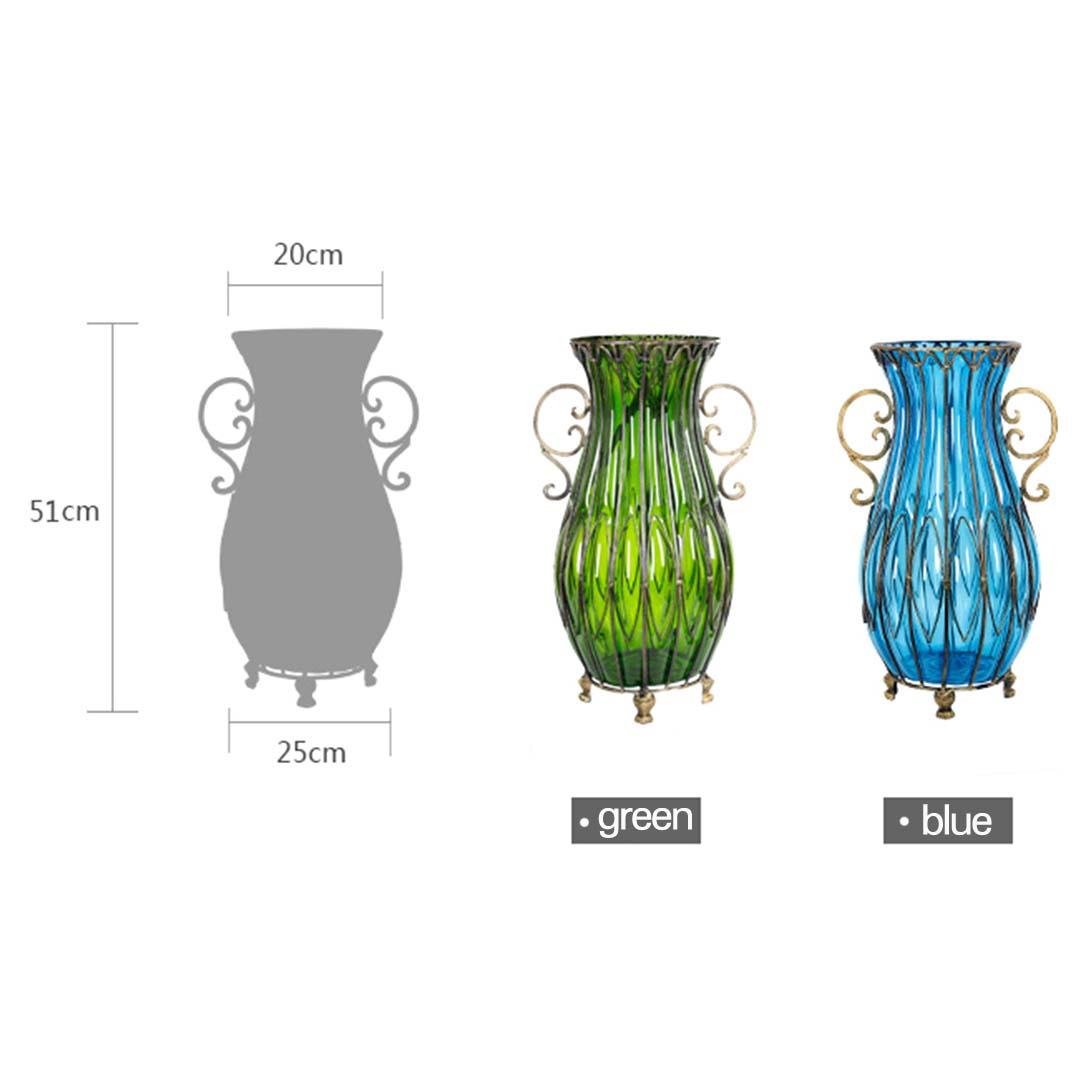 Soga 51cm Green Glass Oval Floor Vase With Metal Flower Stand