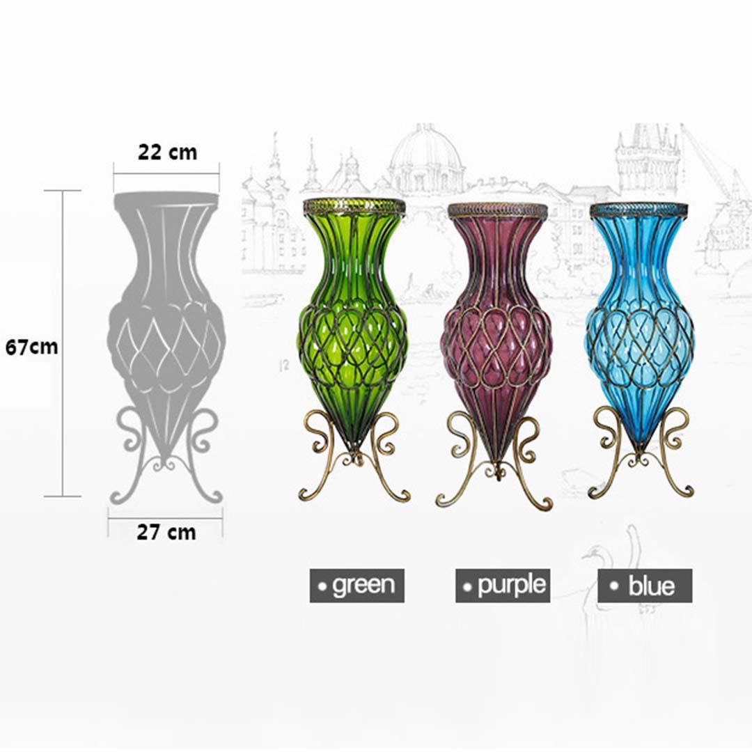 67cm Green Glass Tall Floor Vase with Metal Flower Stand