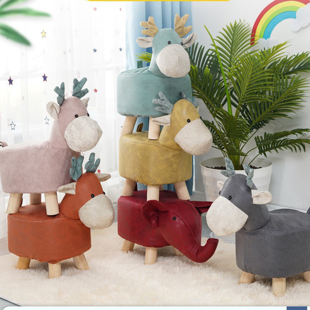 Green Children Bench Deer Character Round Ottoman Stool Soft Small Comfy Seat Home Decor