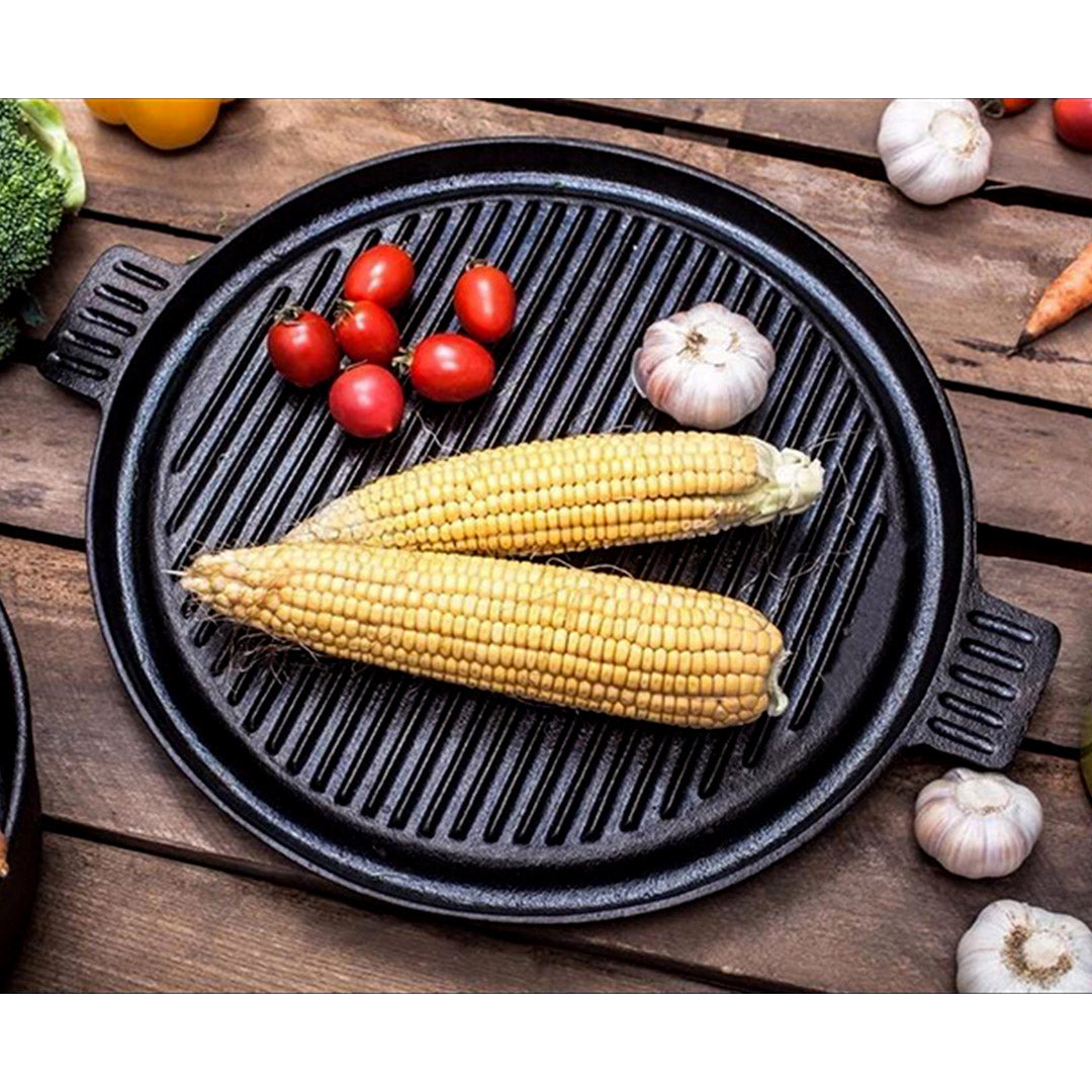 Soga 43cm Round Ribbed Cast Iron Frying Pan Skillet Steak Sizzle Platter With Handle