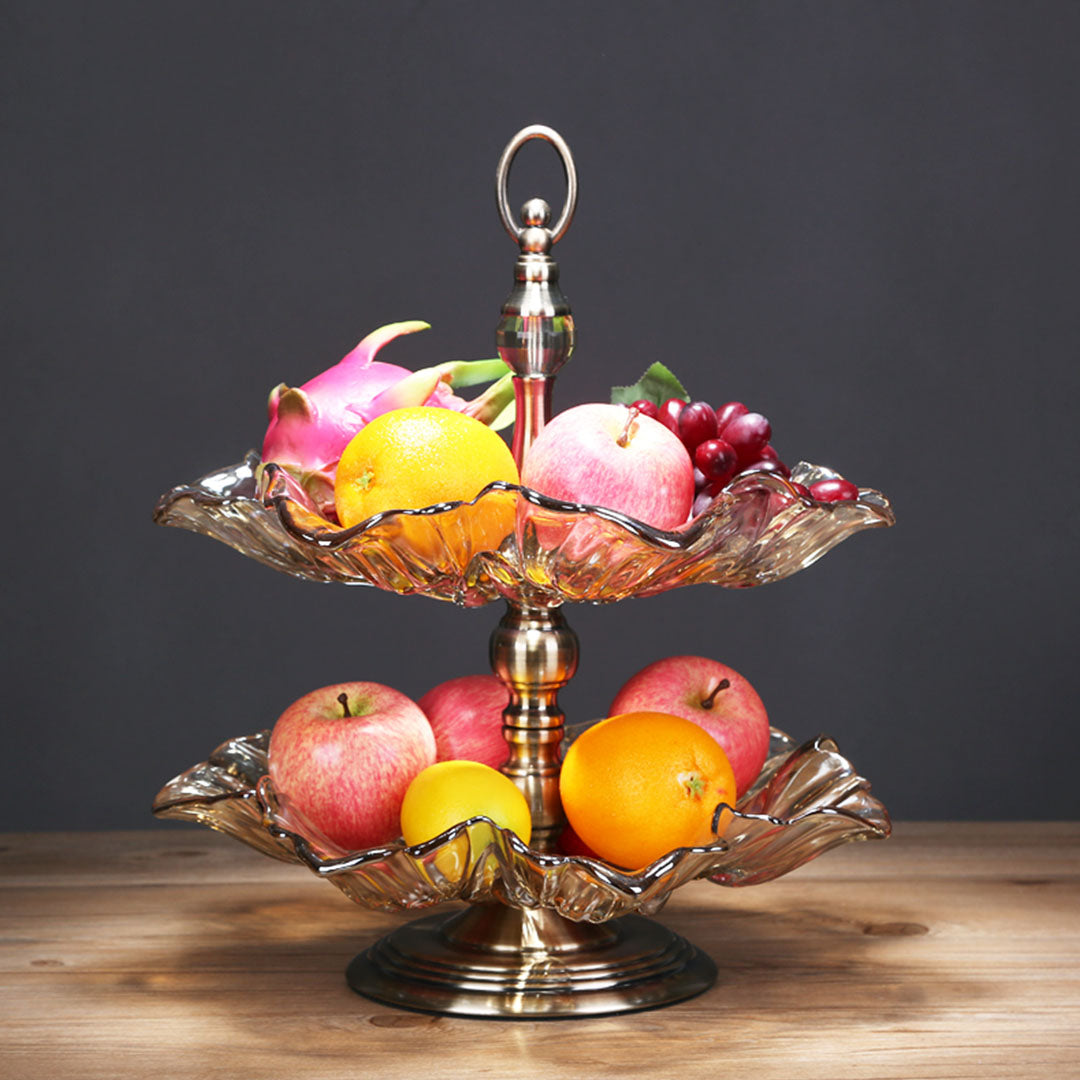 Soga 2 Tier Bronze Lotus Vertex Crystal Glass Fruit Bowl Candy Holder Countertop Dessert Serving Basket Decor