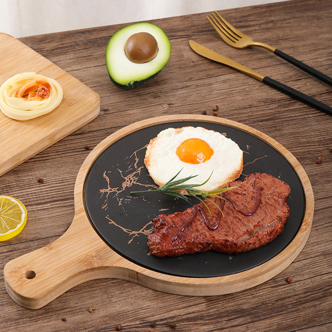 Soga 30cm Black Circle Wooden Serving Tray Slate Steak Serving Platter Chopping Board Paddle Home Decor
