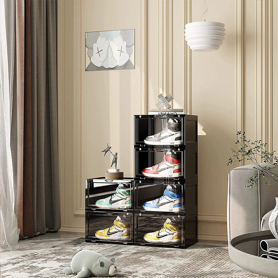 4 Tier Black Portable Shoe Organiser Sneaker Footwear Folding Plastic Bin Stackable Storage Box with Magnetic Door
