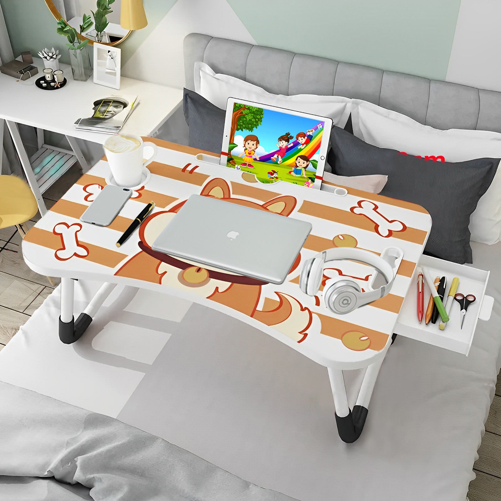 2X Cute Dog Design Portable Bed Table Adjustable Foldable Bed Sofa Study Table Laptop Mini Desk with Drawer and Cup Slot Home Decor