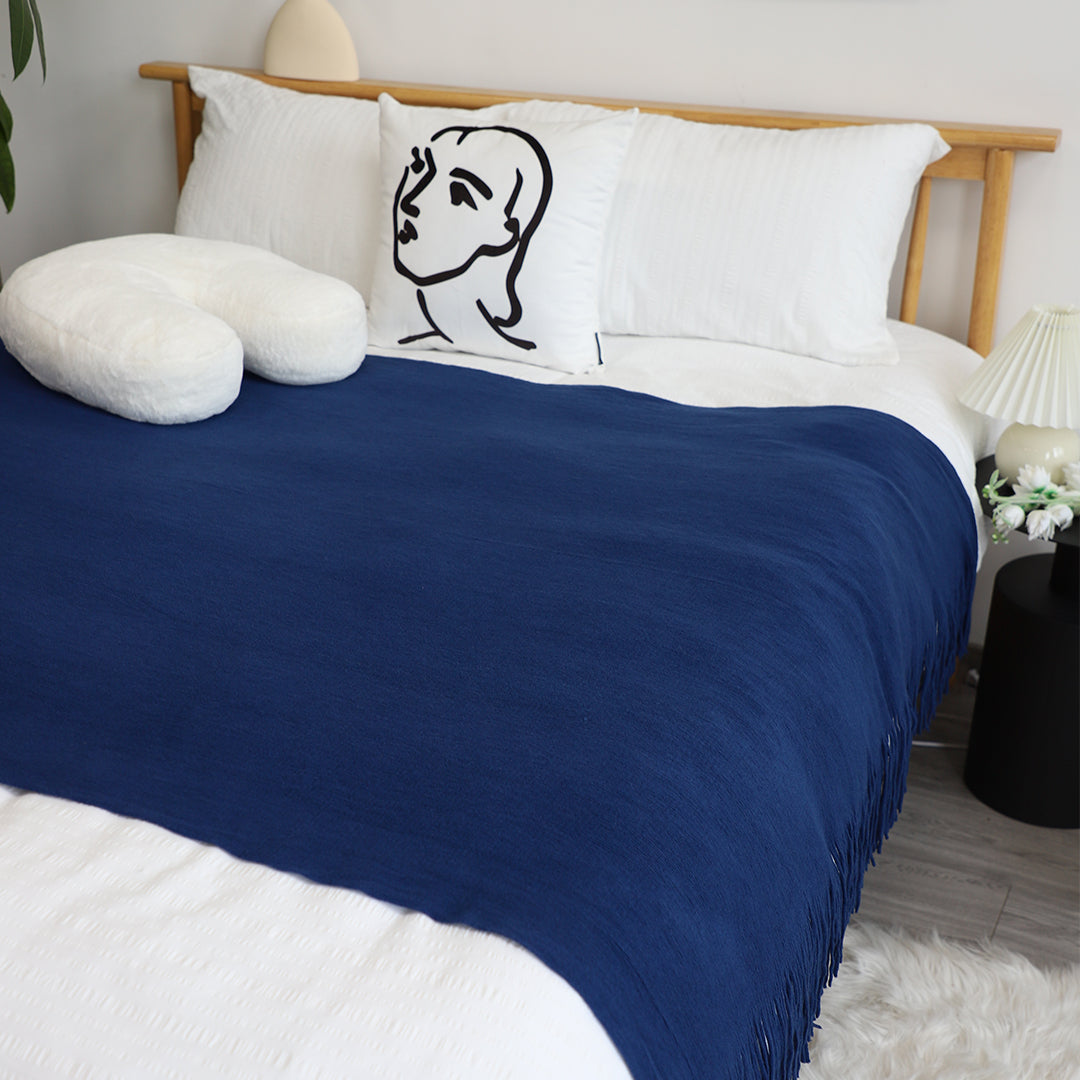 2X Royal Blue Acrylic Knitted Throw Blanket Solid Fringed Warm Cozy Woven Cover Couch Bed Sofa Home Decor