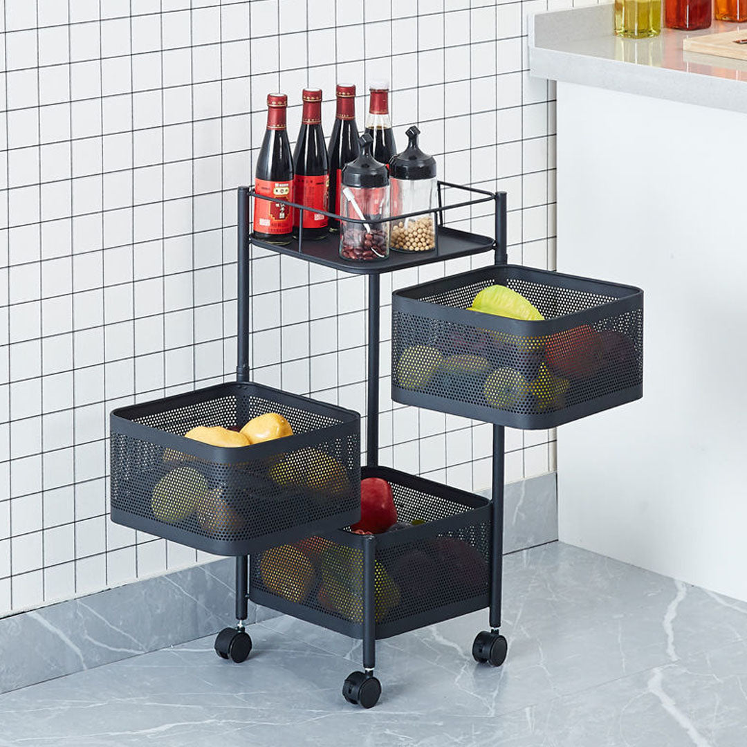 Soga 3 Tier Steel Square Rotating Kitchen Cart Multi Functional Shelves Portable Storage Organizer With Wheels