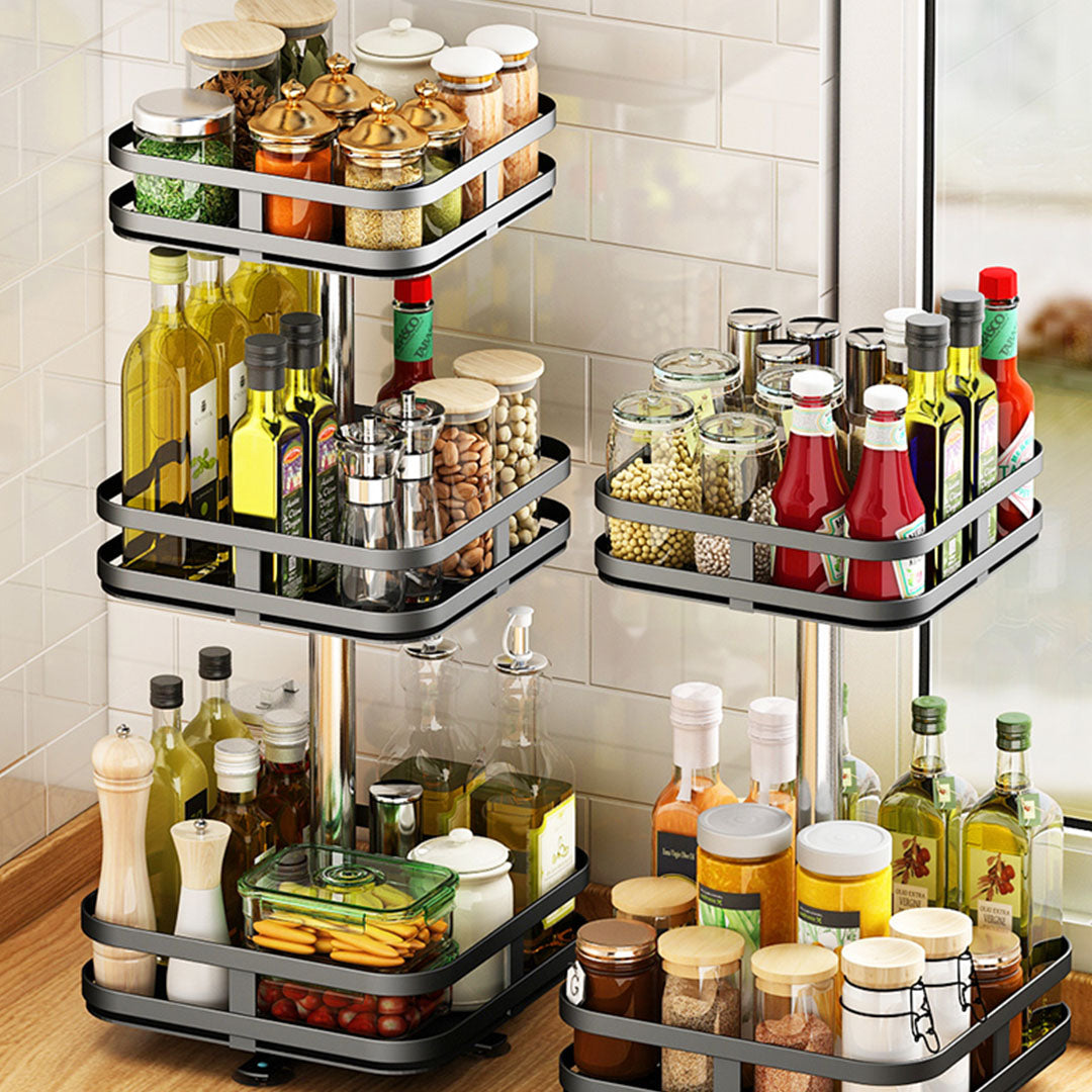 2X 3 Tier Steel Black Square Rotating Multi-Function Kitchen Portable Storage Spice Seasoning Kitchen Countertop Organiser Shelf
