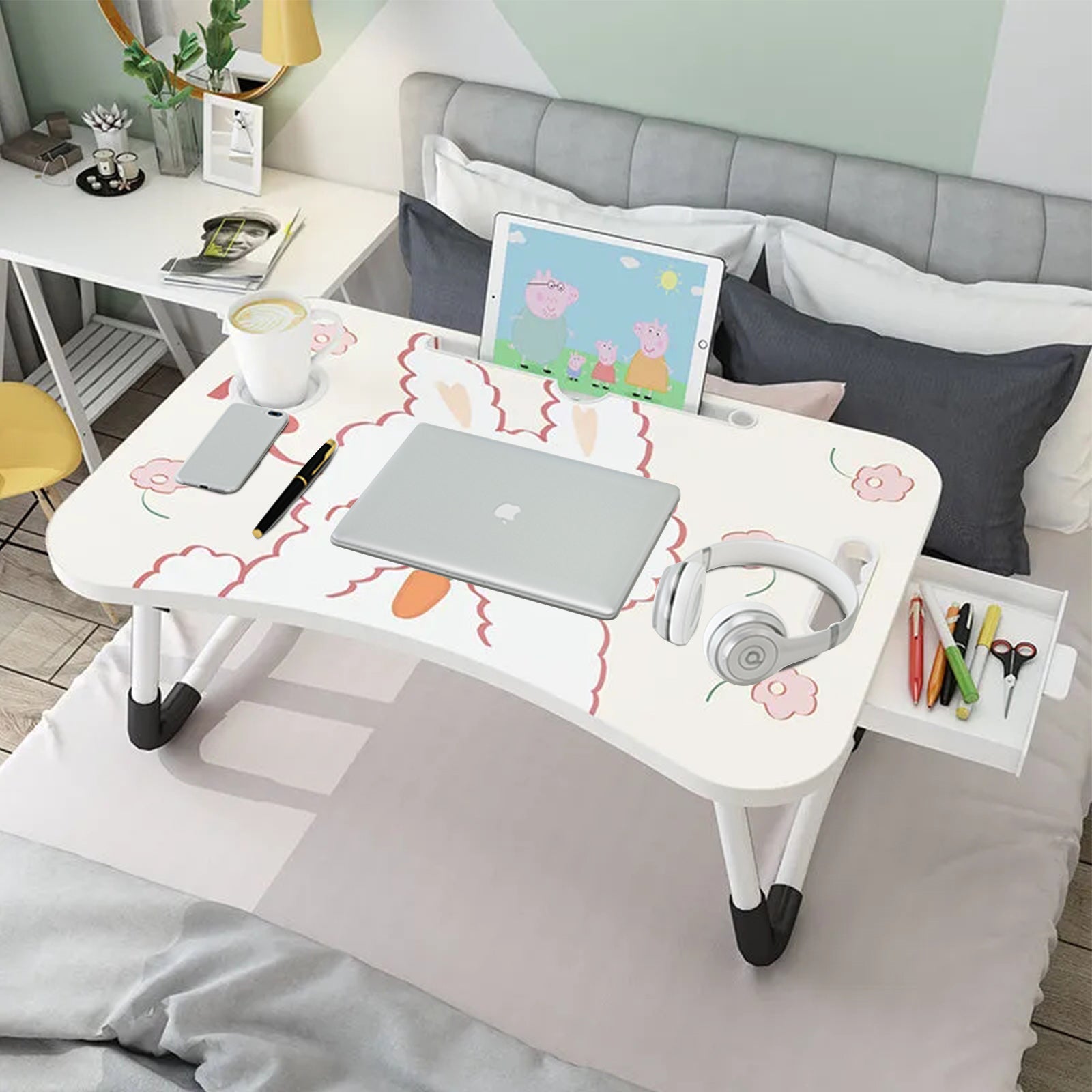 2X Cute Rabbit Design Portable Bed Table Adjustable Foldable Bed Sofa Study Table Laptop Mini Desk with Drawer and Cup Slot Home Decor