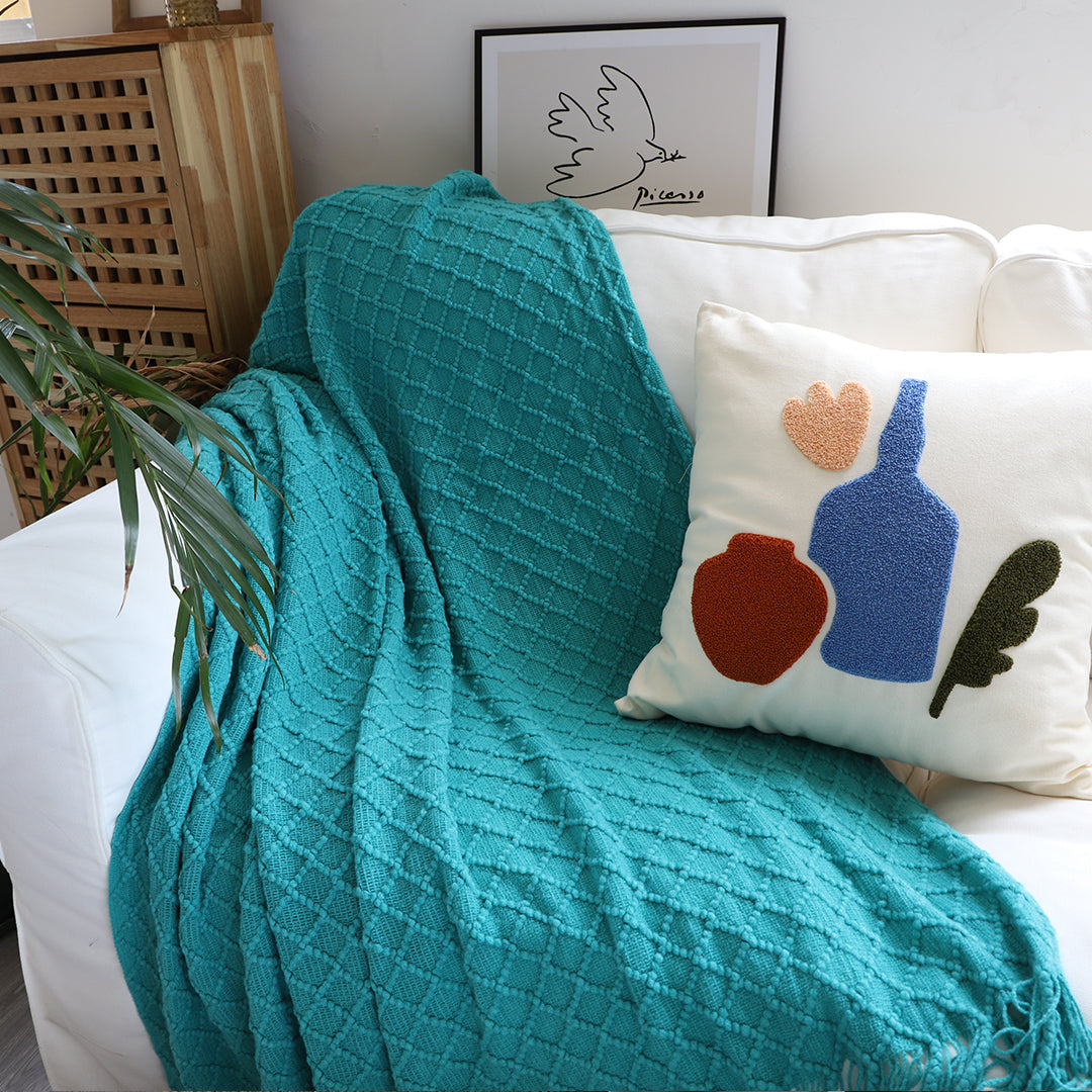 2X Teal Diamond Pattern Knitted Throw Blanket Warm Cozy Woven Cover Couch Bed Sofa Home Decor with Tassels