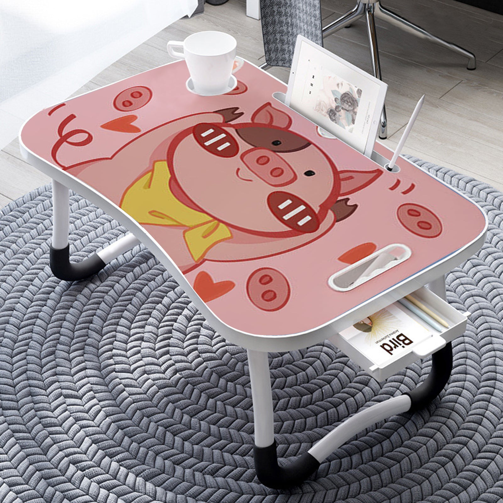 2X Cute Pig Design Portable Bed Table Adjustable Foldable Bed Sofa Study Table Laptop Mini Desk with Drawer and Cup Slot Home Decor
