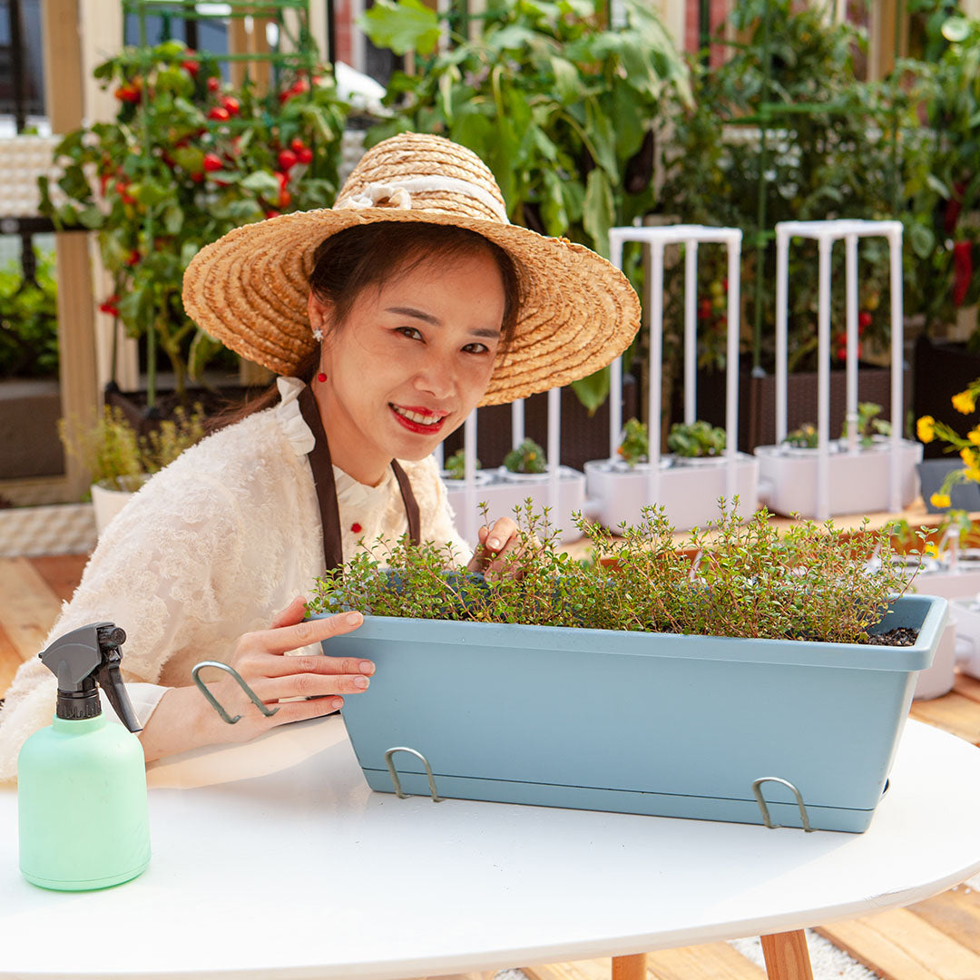 49.5cm Blue Rectangular Planter Vegetable Herb Flower Outdoor Plastic Box with Holder Balcony Garden Decor Set of 3