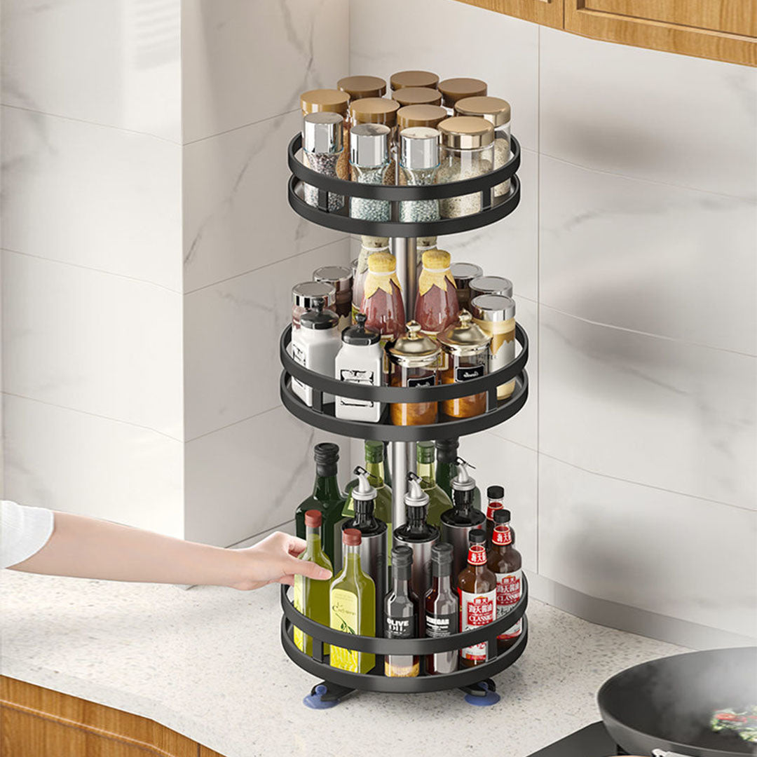 2X 3 Tier Steel Black Round Rotating Multi-Function Kitchen Portable Storage Spice Seasoning Kitchen Countertop Organiser Shelf