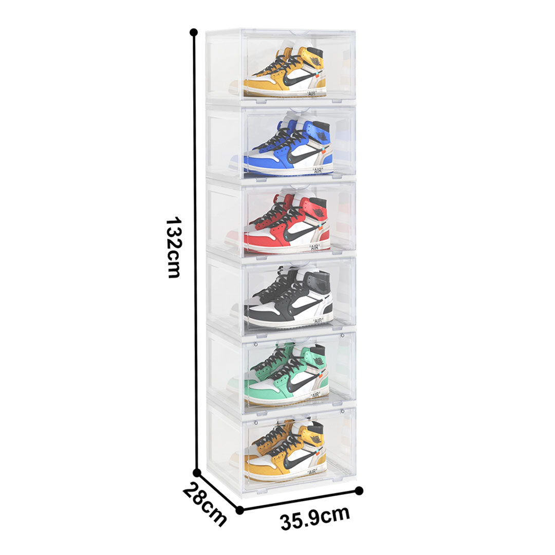 6 Tier Transparent Portable Shoe Organiser Sneaker Footwear Folding Plastic Bin Stackable Storage Box with Magnetic Door