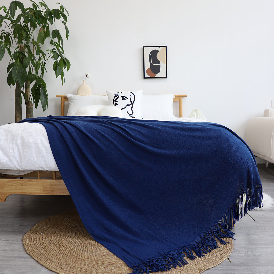 2X Royal Blue Acrylic Knitted Throw Blanket Solid Fringed Warm Cozy Woven Cover Couch Bed Sofa Home Decor