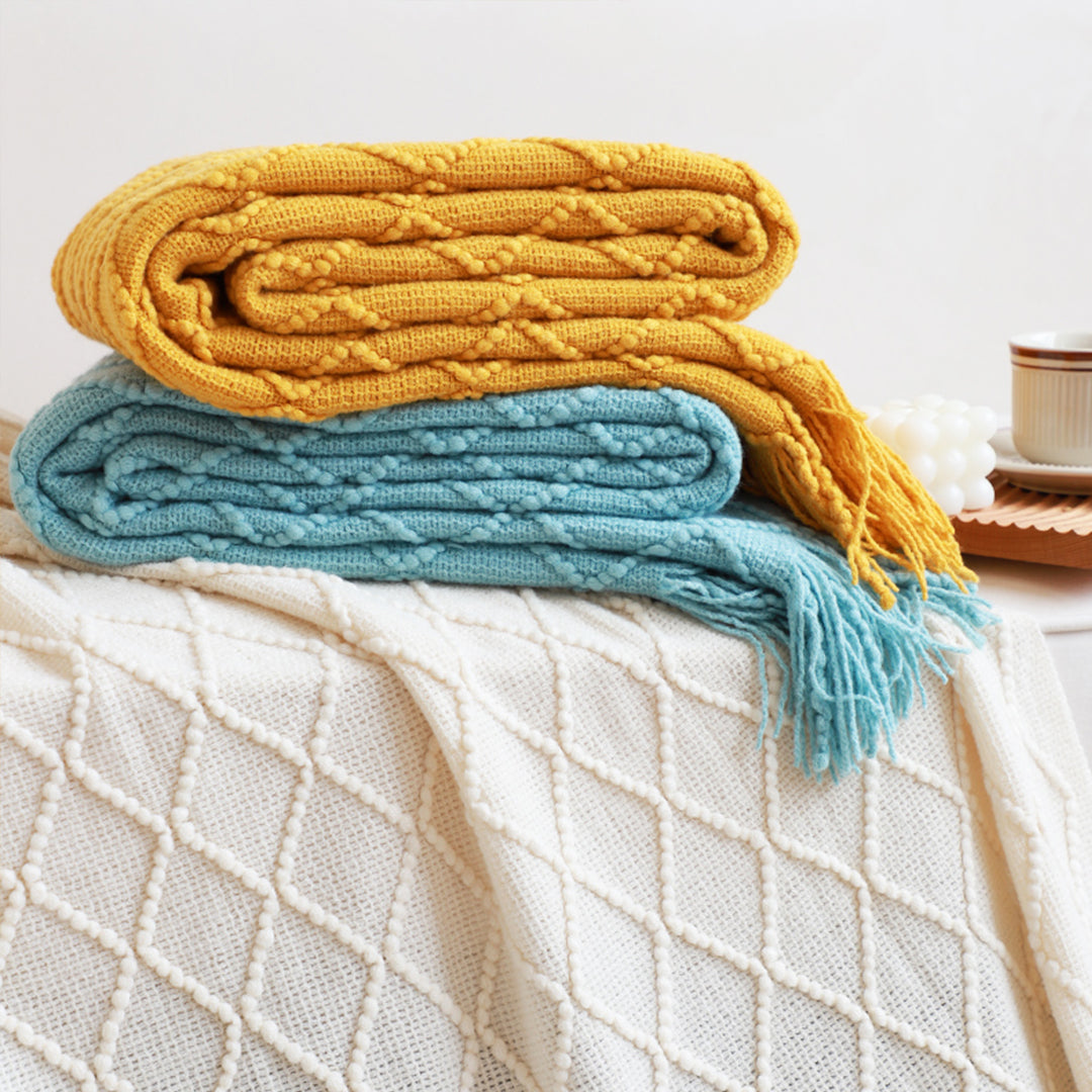 2X Yellow Diamond Pattern Knitted Throw Blanket Warm Cozy Woven Cover Couch Bed Sofa Home Decor with Tassels