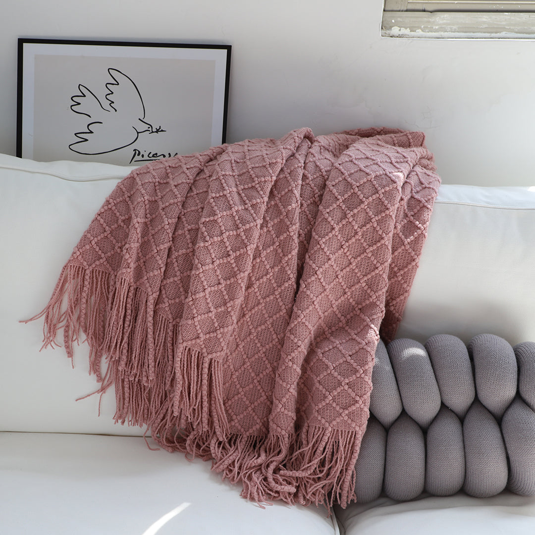 Pink Diamond Pattern Knitted Throw Blanket Warm Cozy Woven Cover Couch Bed Sofa Home Decor with Tassels